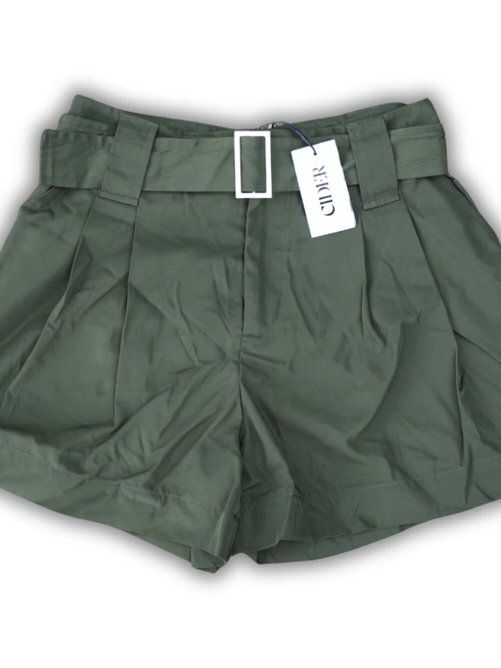 CIDER Womens Olive Green High Waisted Pleated Belted Shorts Casual Tailored